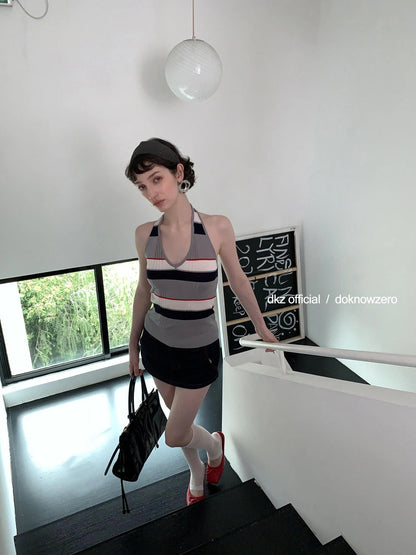 DKZ OFFICIAL Rayon Wool Blend Striped Halter Top