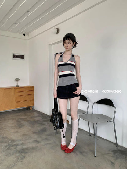 DKZ OFFICIAL Rayon Wool Blend Striped Halter Top
