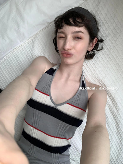 DKZ OFFICIAL Rayon Wool Blend Striped Halter Top