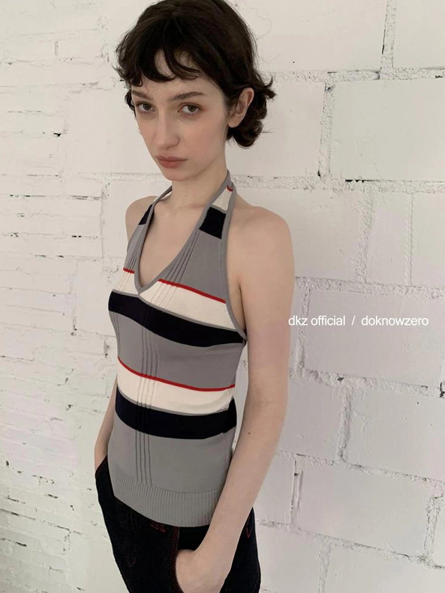 DKZ OFFICIAL Rayon Wool Blend Striped Halter Top