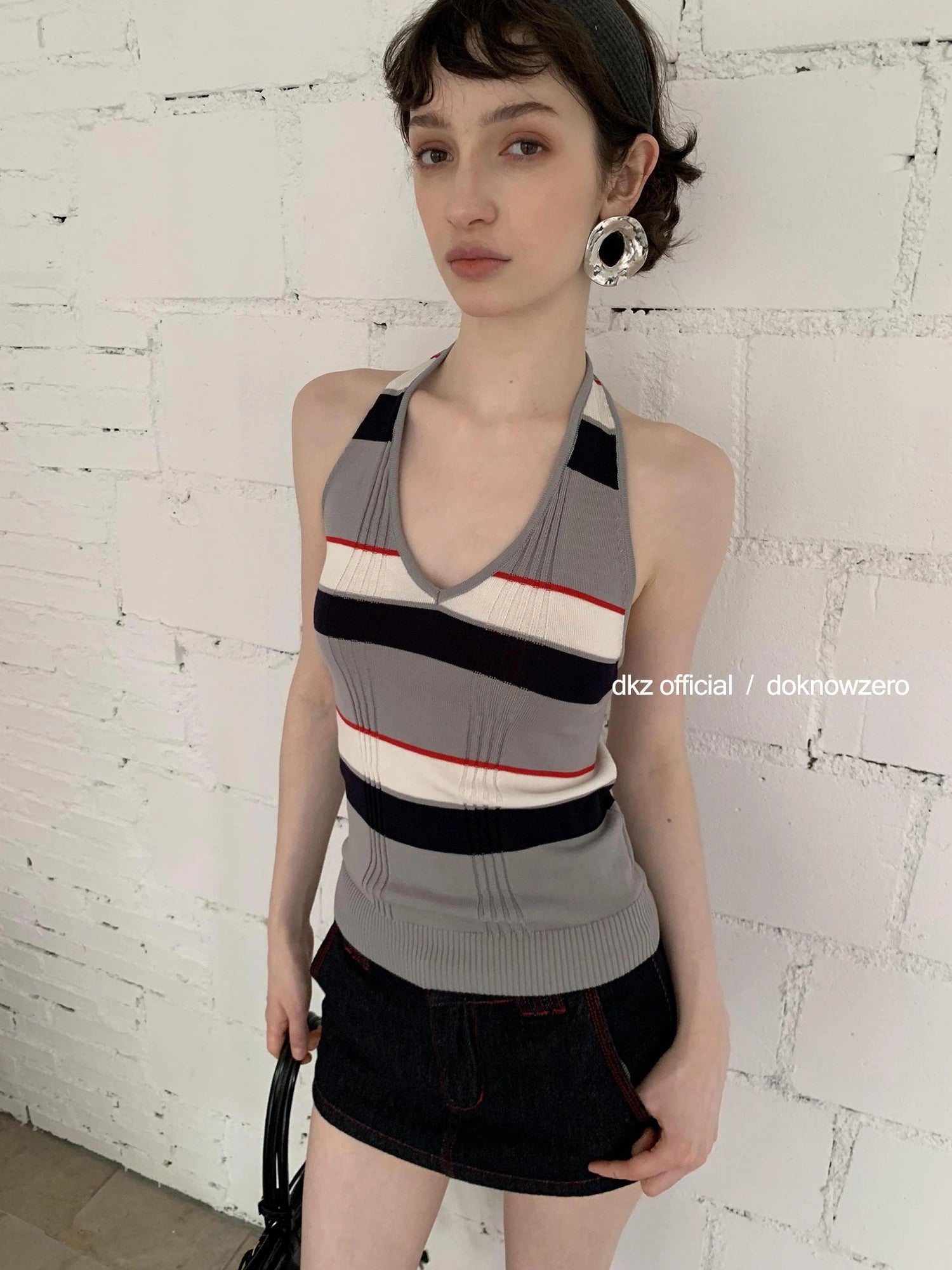 DKZ OFFICIAL Rayon Wool Blend Striped Halter Top
