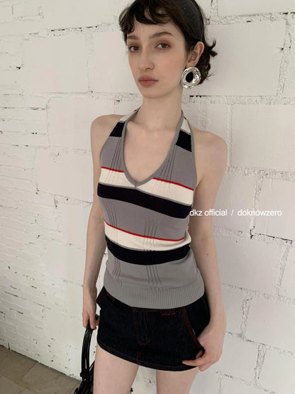 DKZ OFFICIAL Rayon Wool Blend Striped Halter Top