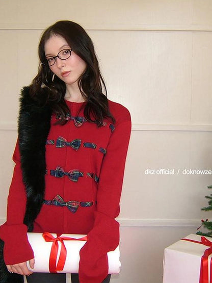 DKZ OFFICIAL Red Bow Tie Front Knit Cardigan