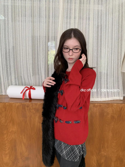 DKZ OFFICIAL Red Bow Tie Front Knit Cardigan