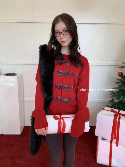 DKZ OFFICIAL Red Bow Tie Front Knit Cardigan