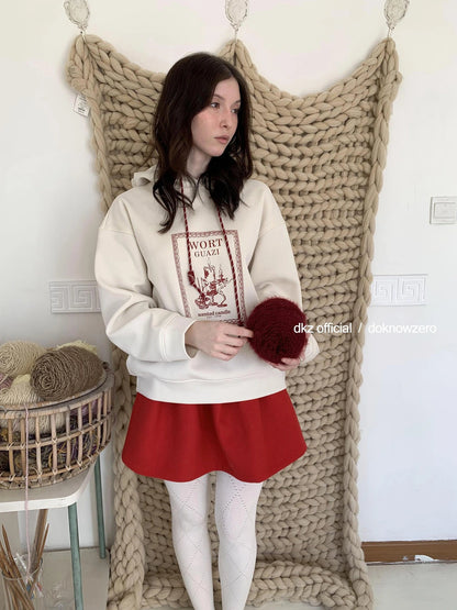 DKZ OFFICIAL Red Elastic Waist Flared A Line Skirt