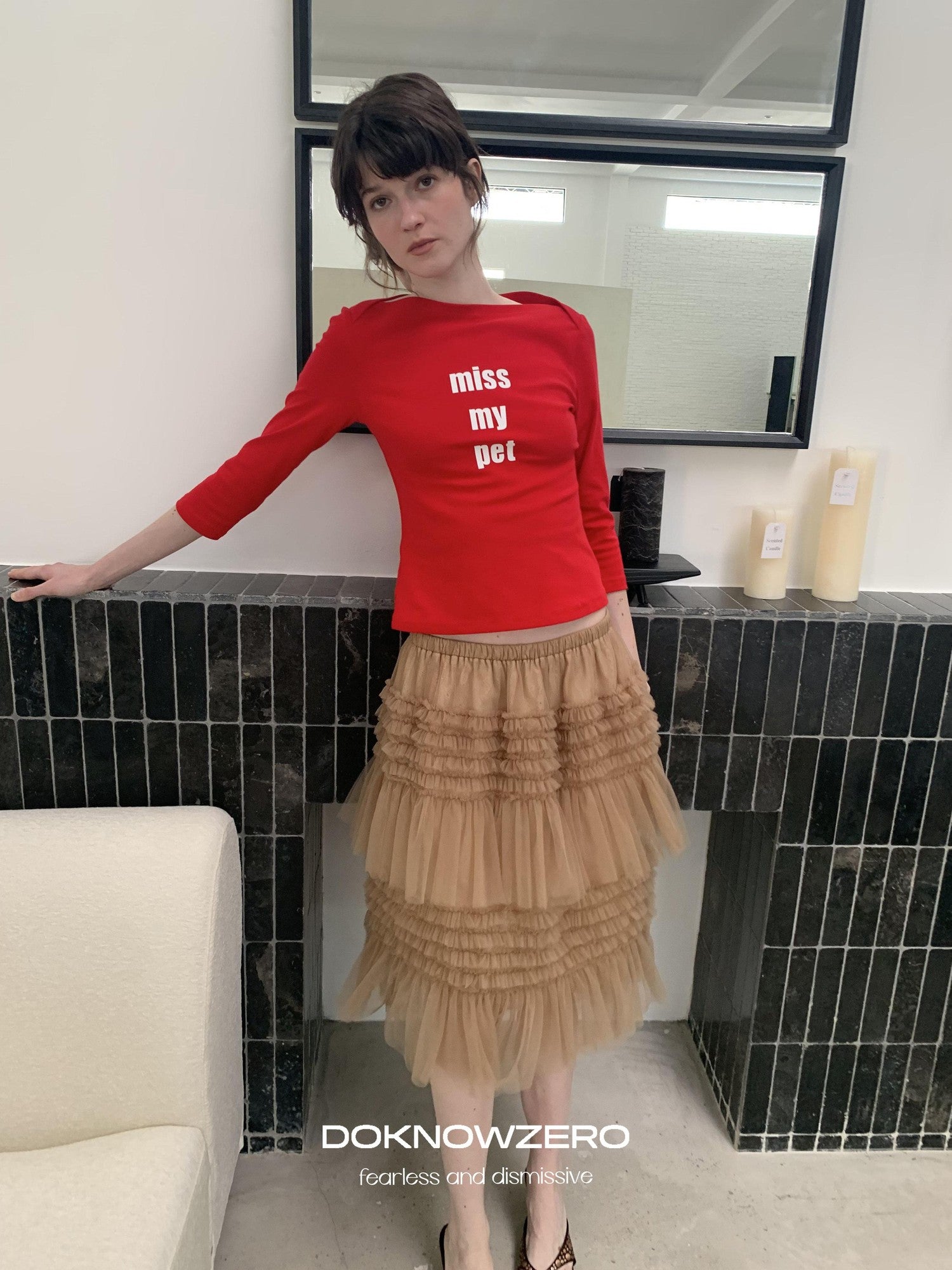 DKZ OFFICIAL Red Slogan Print Boat Neck Women&