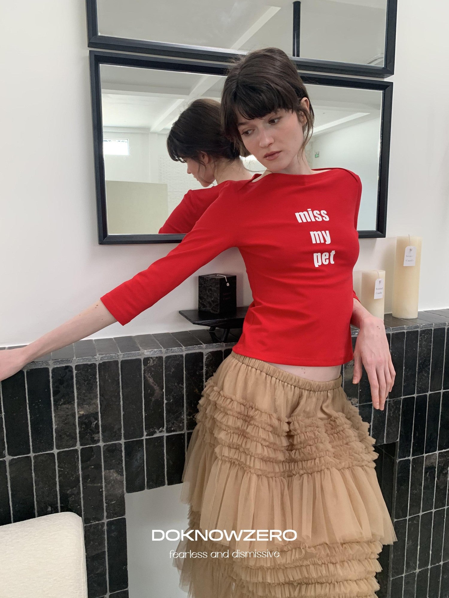 DKZ OFFICIAL Red Slogan Print Boat Neck Women&