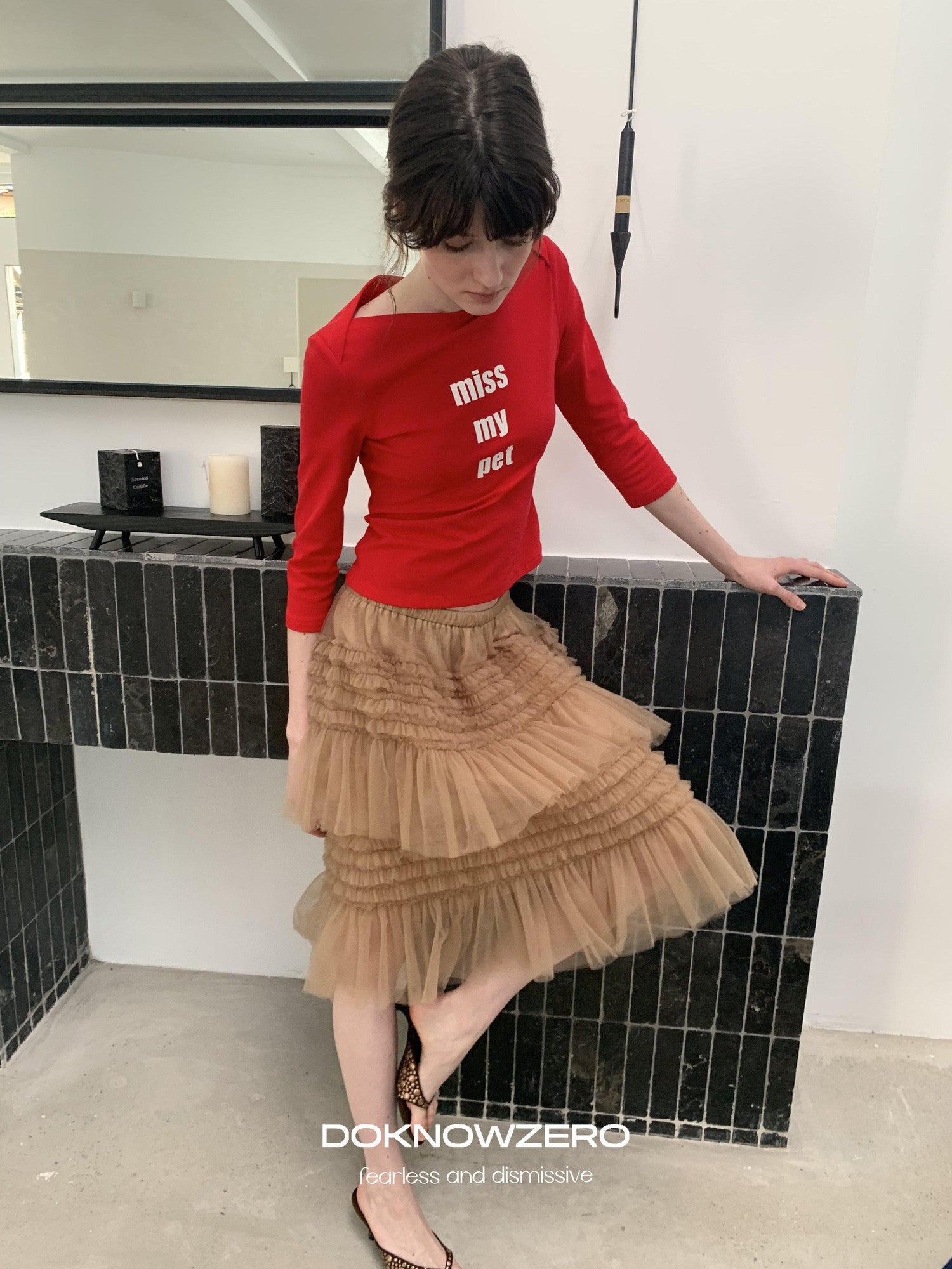 DKZ OFFICIAL Red Slogan Print Boat Neck Women&