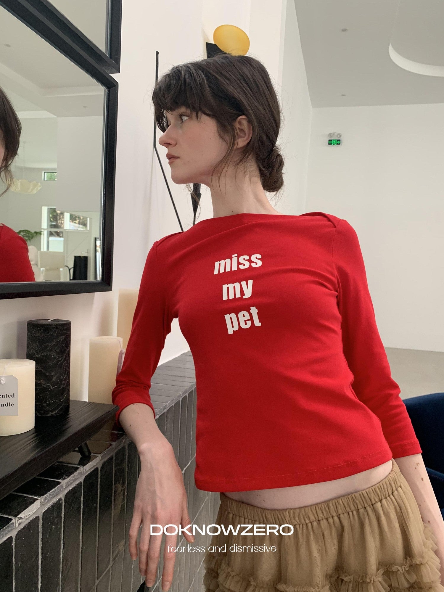 DKZ OFFICIAL Red Slogan Print Boat Neck Women&