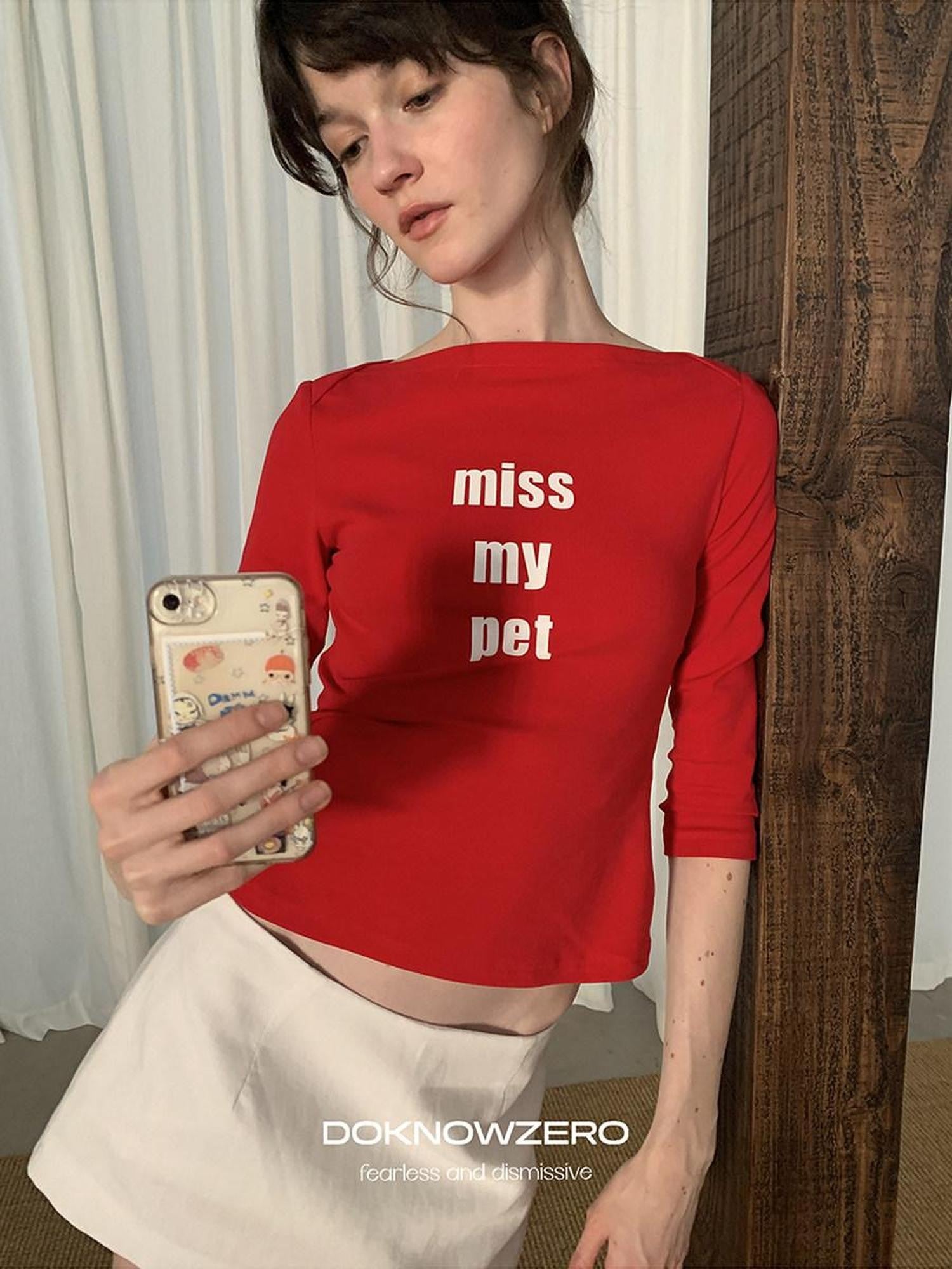 DKZ OFFICIAL Red Slogan Print Boat Neck Women&