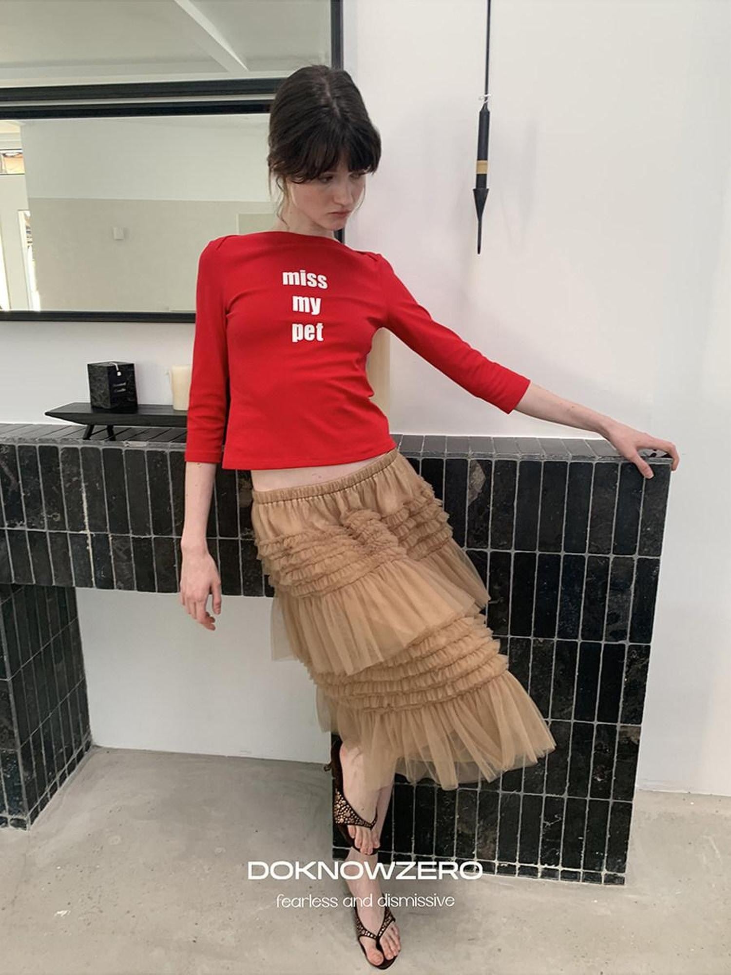 DKZ OFFICIAL Red Slogan Print Boat Neck Women&