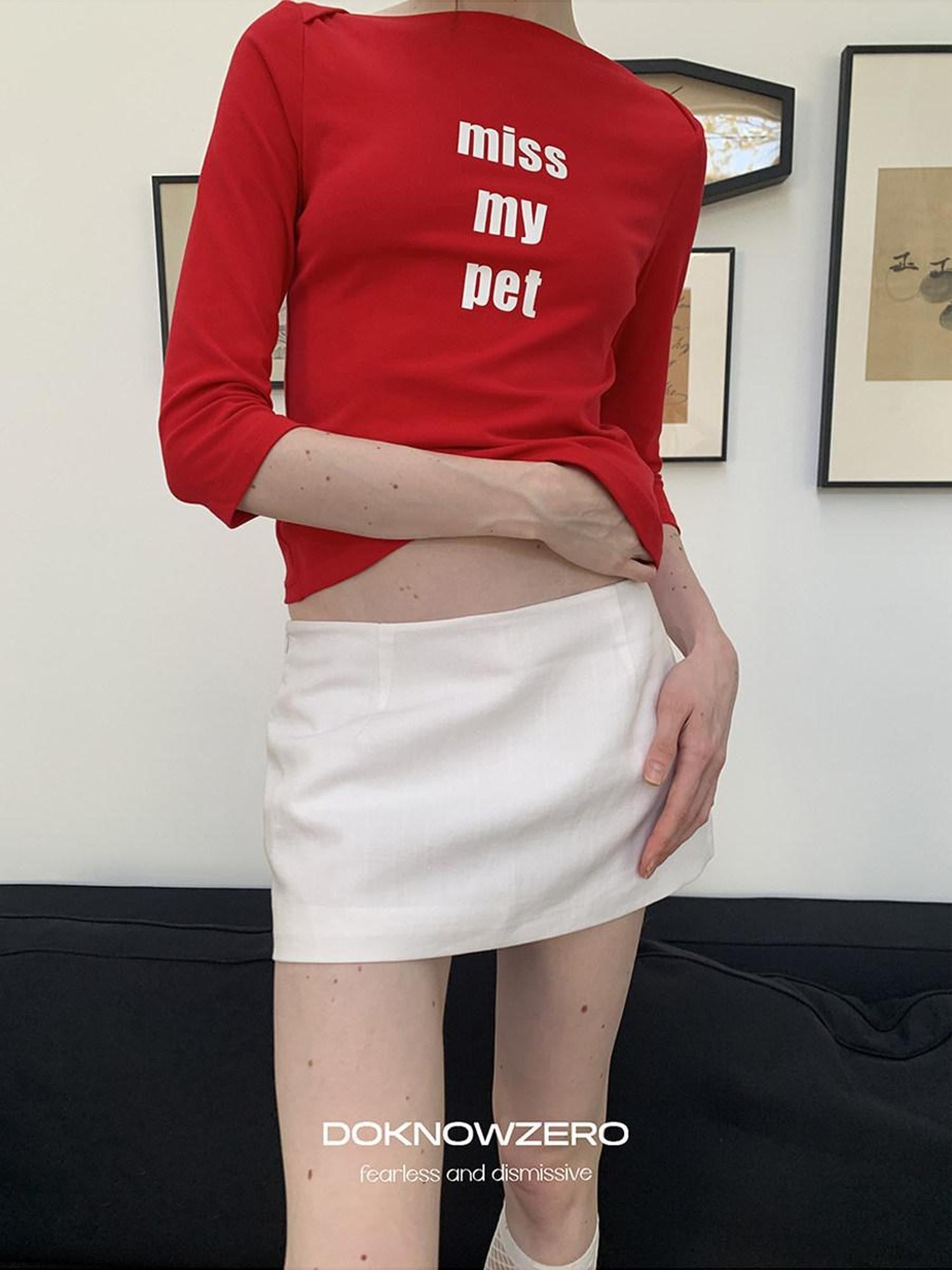 DKZ OFFICIAL Red Slogan Print Boat Neck Women&