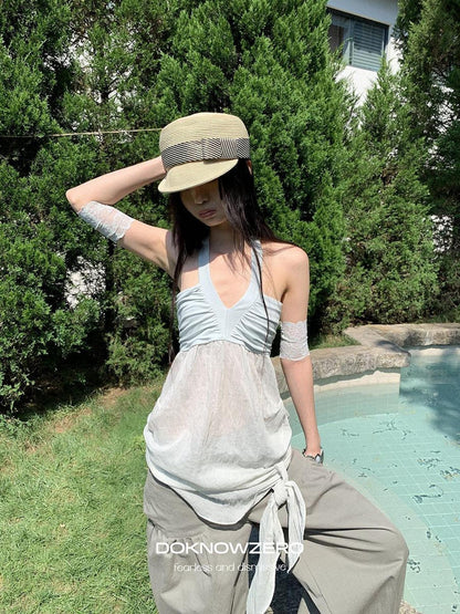 DKZ OFFICIAL Relaxed Resort Back Braided Ribbon V-neck Mesh Women&