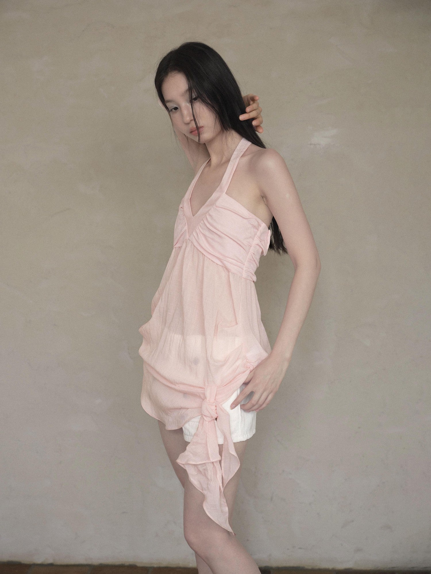 DKZ OFFICIAL Relaxed Resort Back Braided Ribbon V-neck Mesh Women&