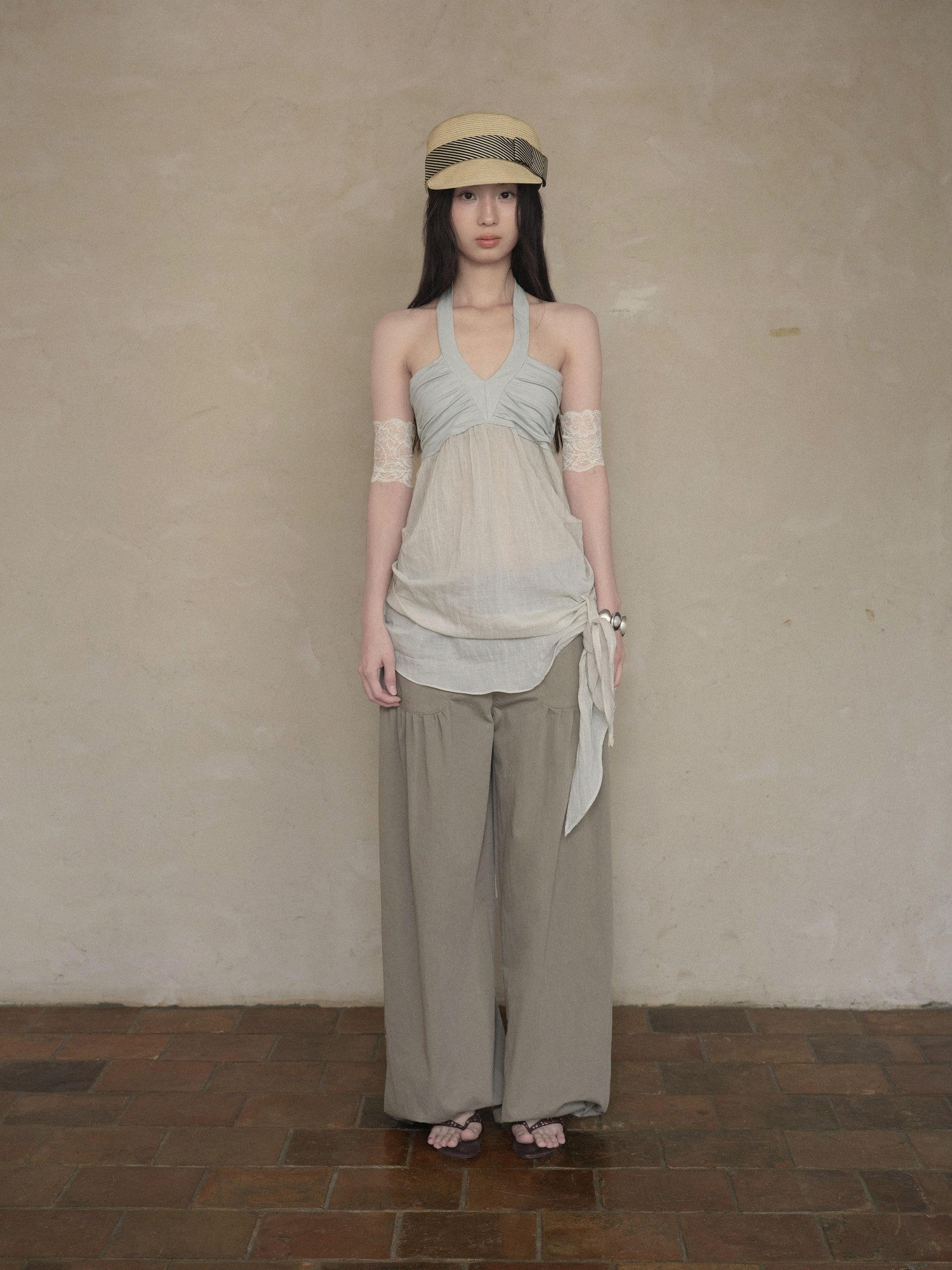 DKZ OFFICIAL Relaxed Resort Back Braided Ribbon V-neck Mesh Women&