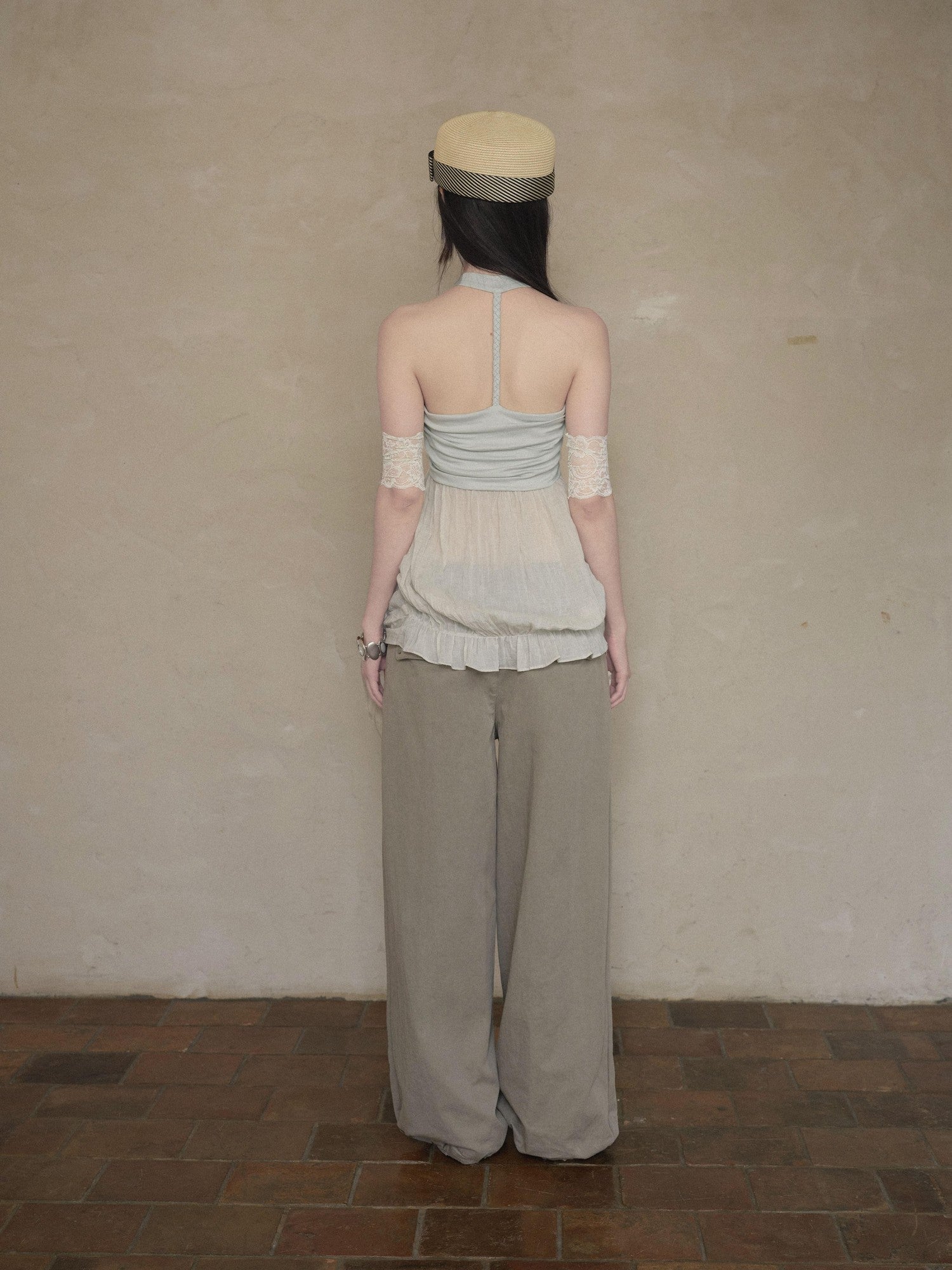 DKZ OFFICIAL Relaxed Resort Back Braided Ribbon V-neck Mesh Women&