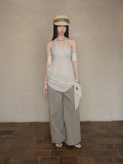 DKZ OFFICIAL Relaxed Resort Back Braided Ribbon V-neck Mesh Women&