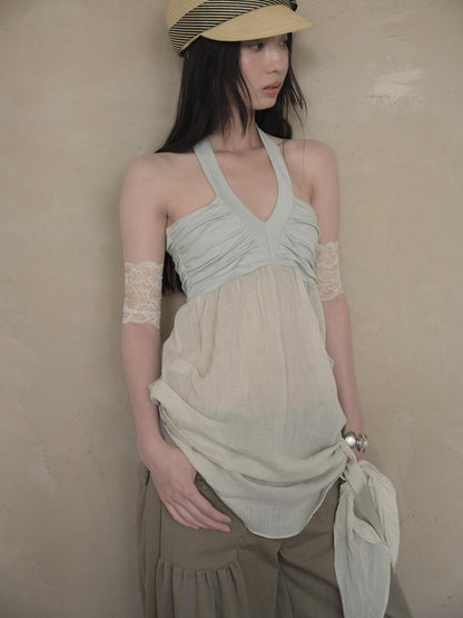 DKZ OFFICIAL Relaxed Resort Back Braided Ribbon V-neck Mesh Women&