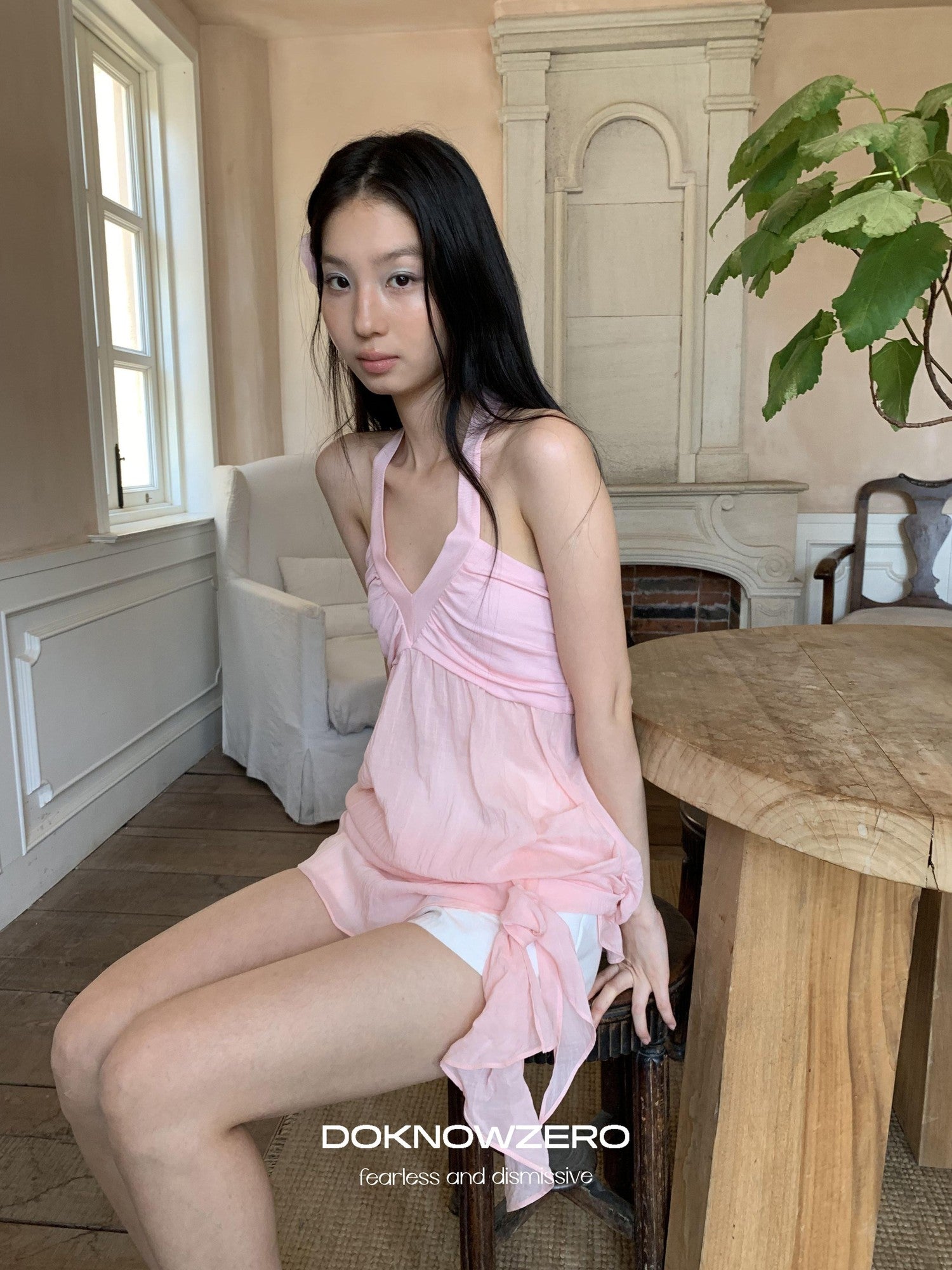 DKZ OFFICIAL Relaxed Resort Back Braided Ribbon V-neck Mesh Women&