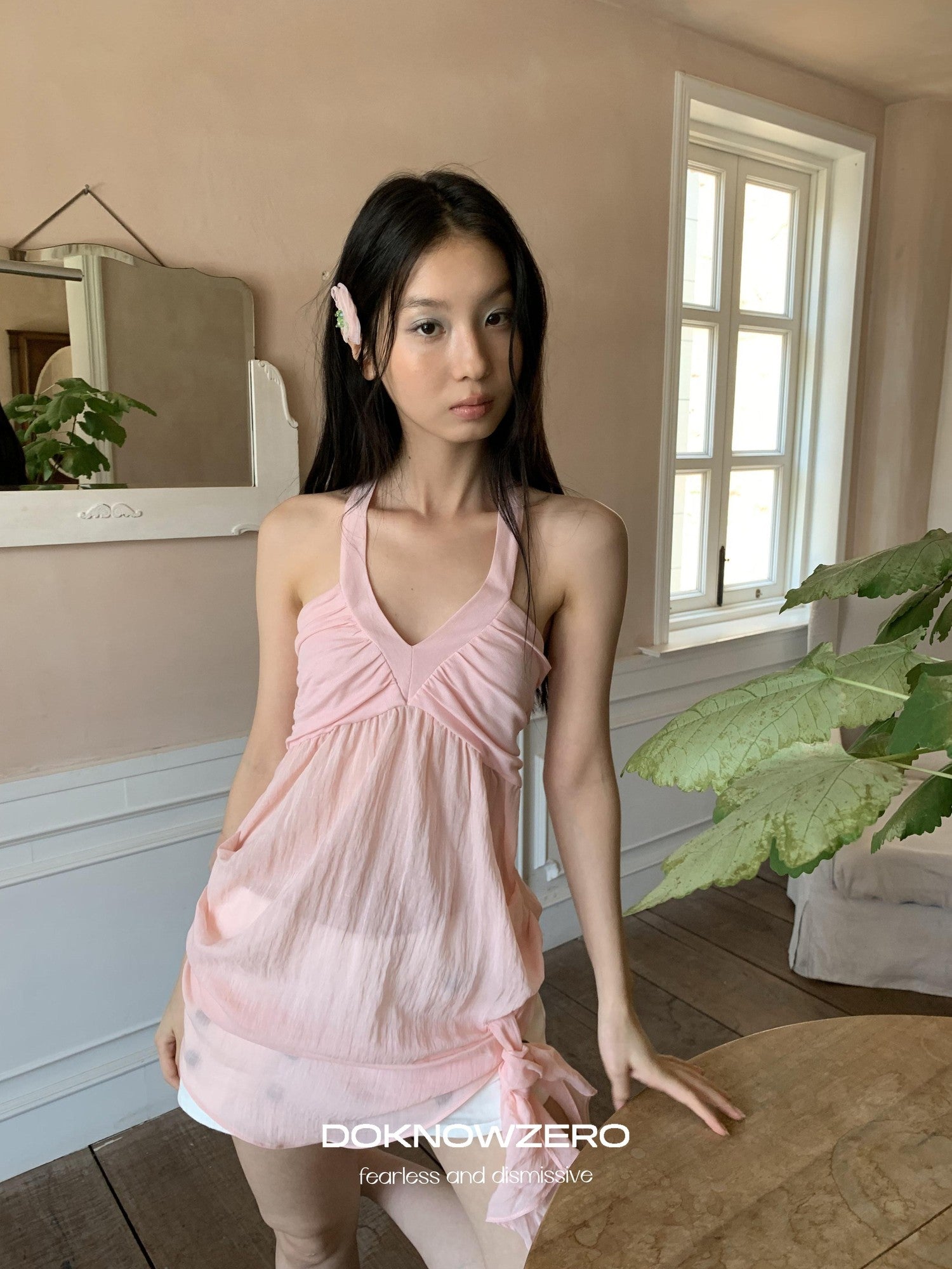 DKZ OFFICIAL Relaxed Resort Back Braided Ribbon V-neck Mesh Women&