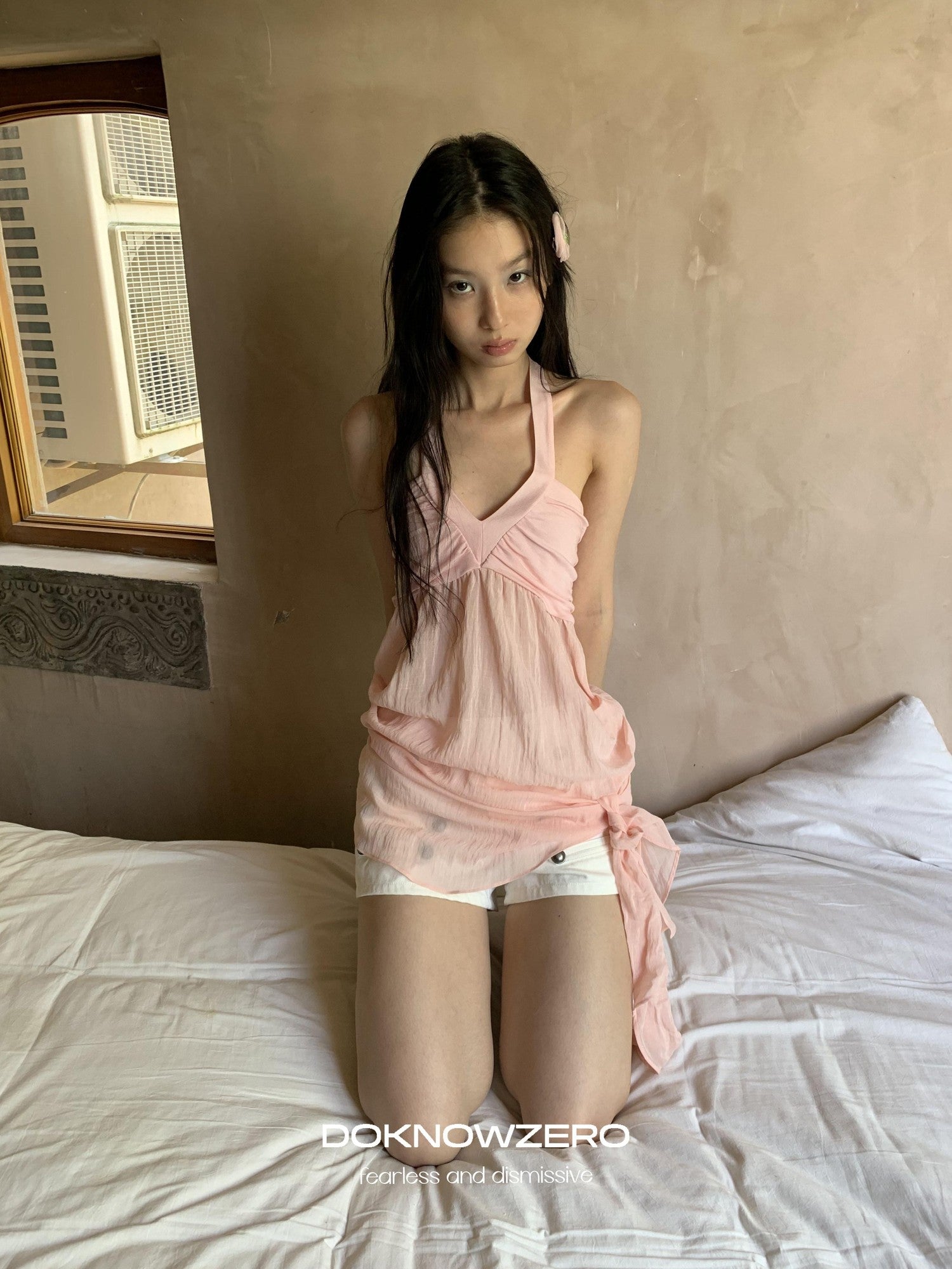 DKZ OFFICIAL Relaxed Resort Back Braided Ribbon V-neck Mesh Women&