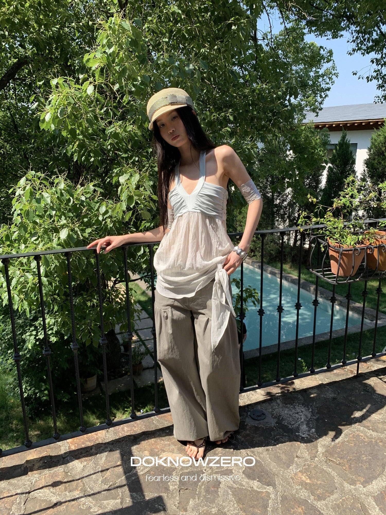 DKZ OFFICIAL Relaxed Resort Back Braided Ribbon V-neck Mesh Women&