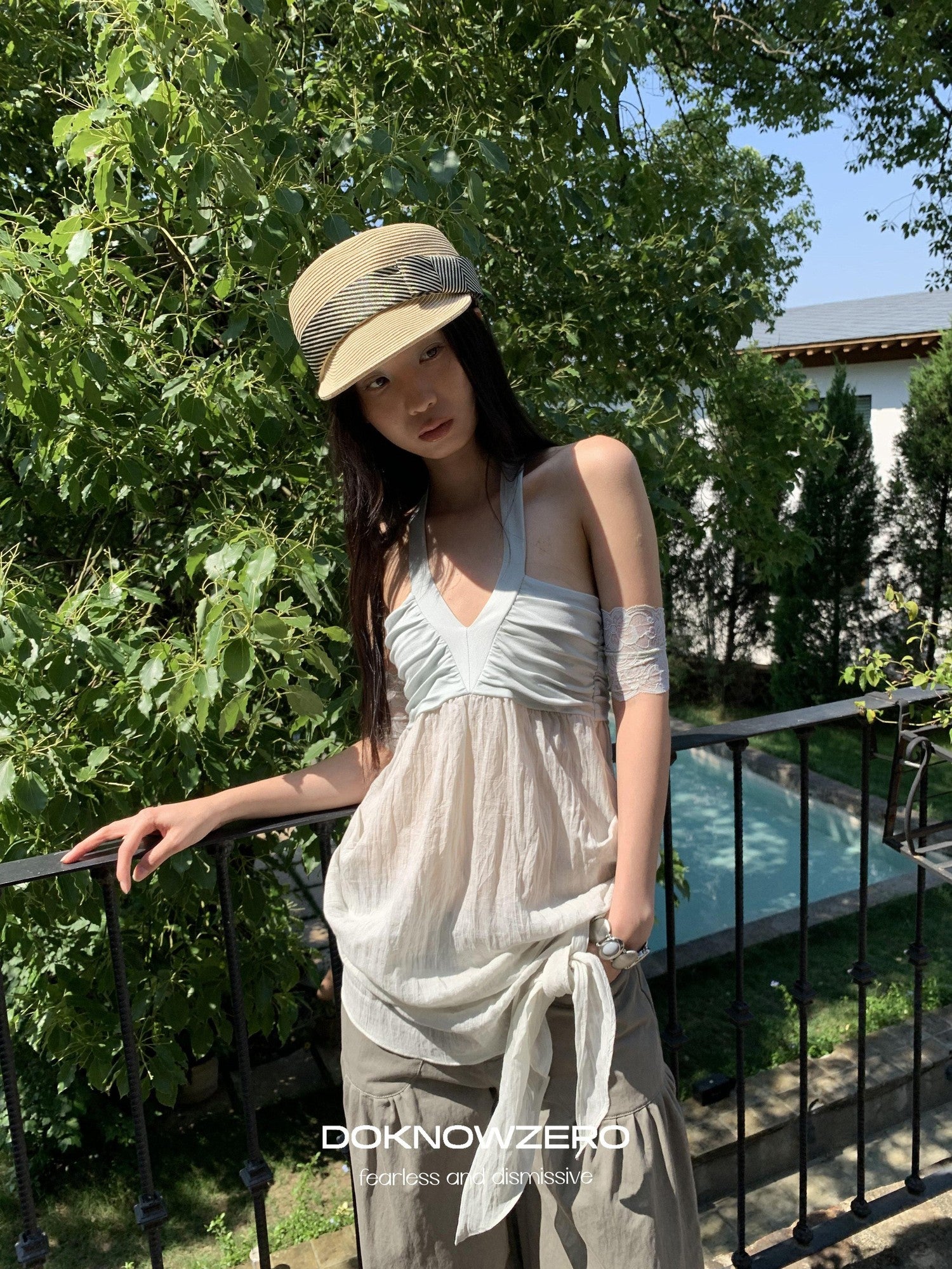 DKZ OFFICIAL Relaxed Resort Back Braided Ribbon V-neck Mesh Women&