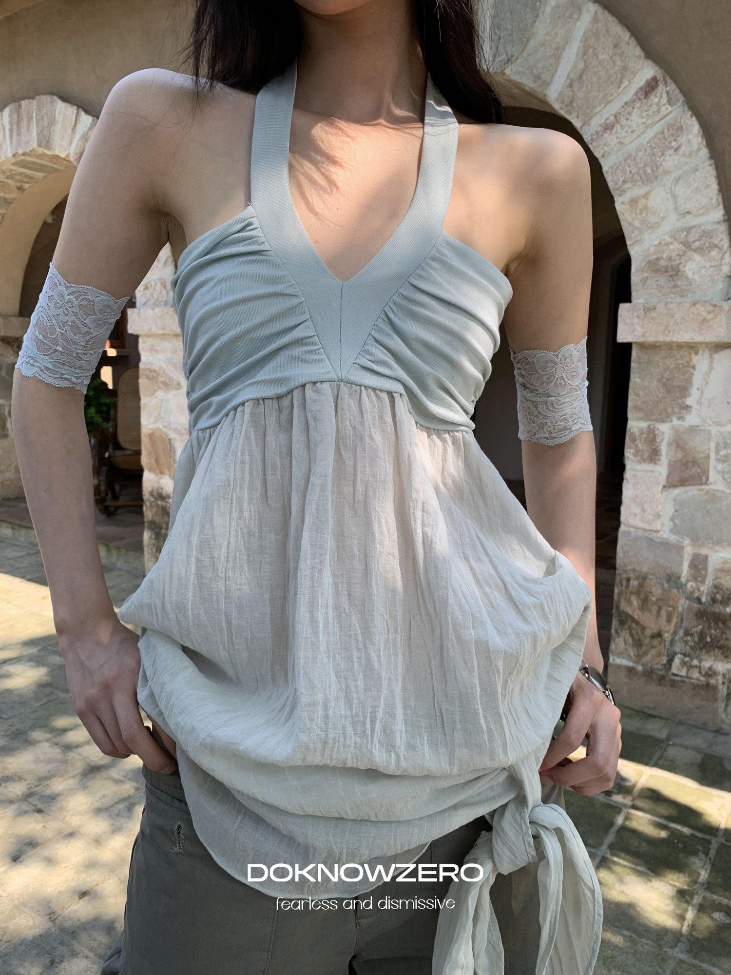 DKZ OFFICIAL Relaxed Resort Back Braided Ribbon V-neck Mesh Women&