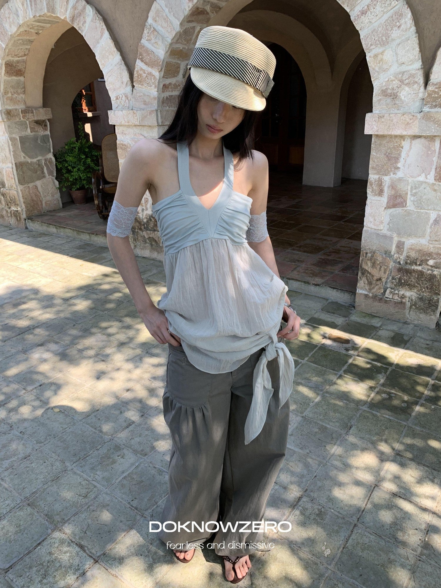 DKZ OFFICIAL Relaxed Resort Back Braided Ribbon V-neck Mesh Women&