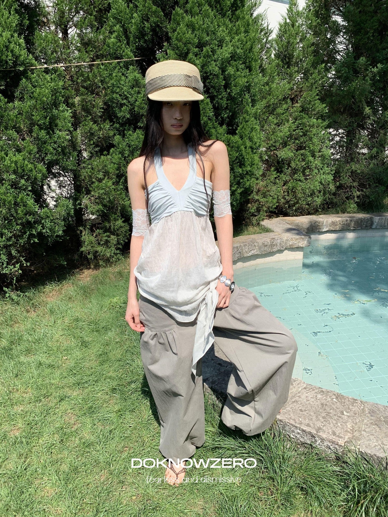 DKZ OFFICIAL Relaxed Resort Back Braided Ribbon V-neck Mesh Women&