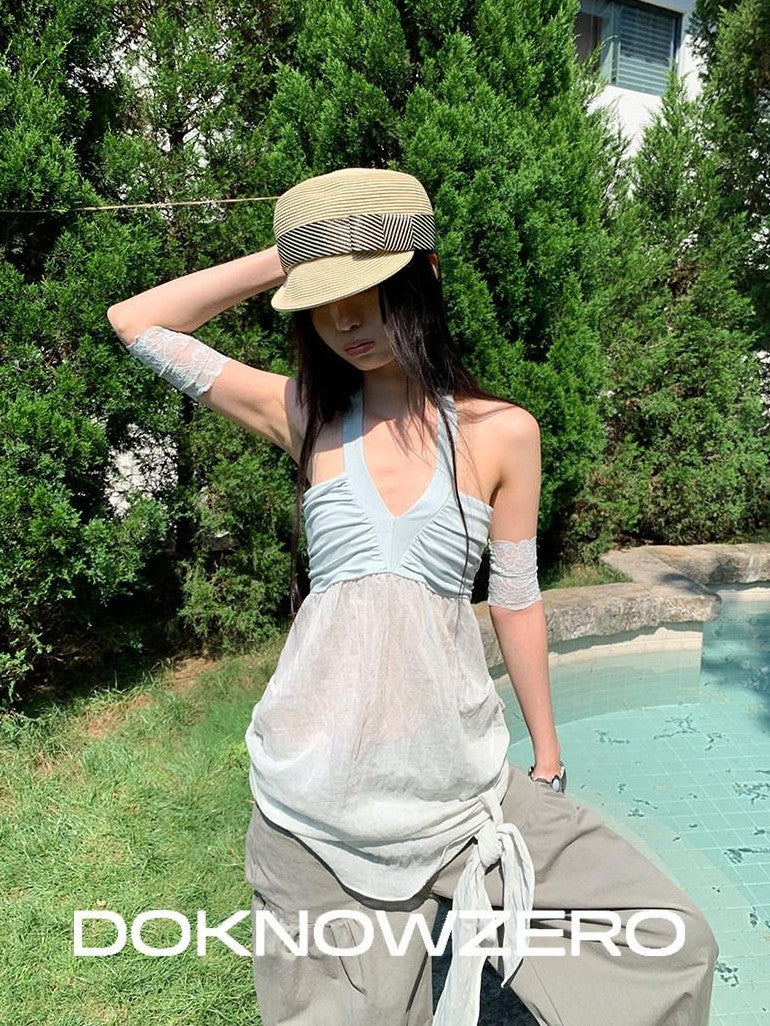 DKZ OFFICIAL Relaxed Resort Back Braided Ribbon V-neck Mesh Women&