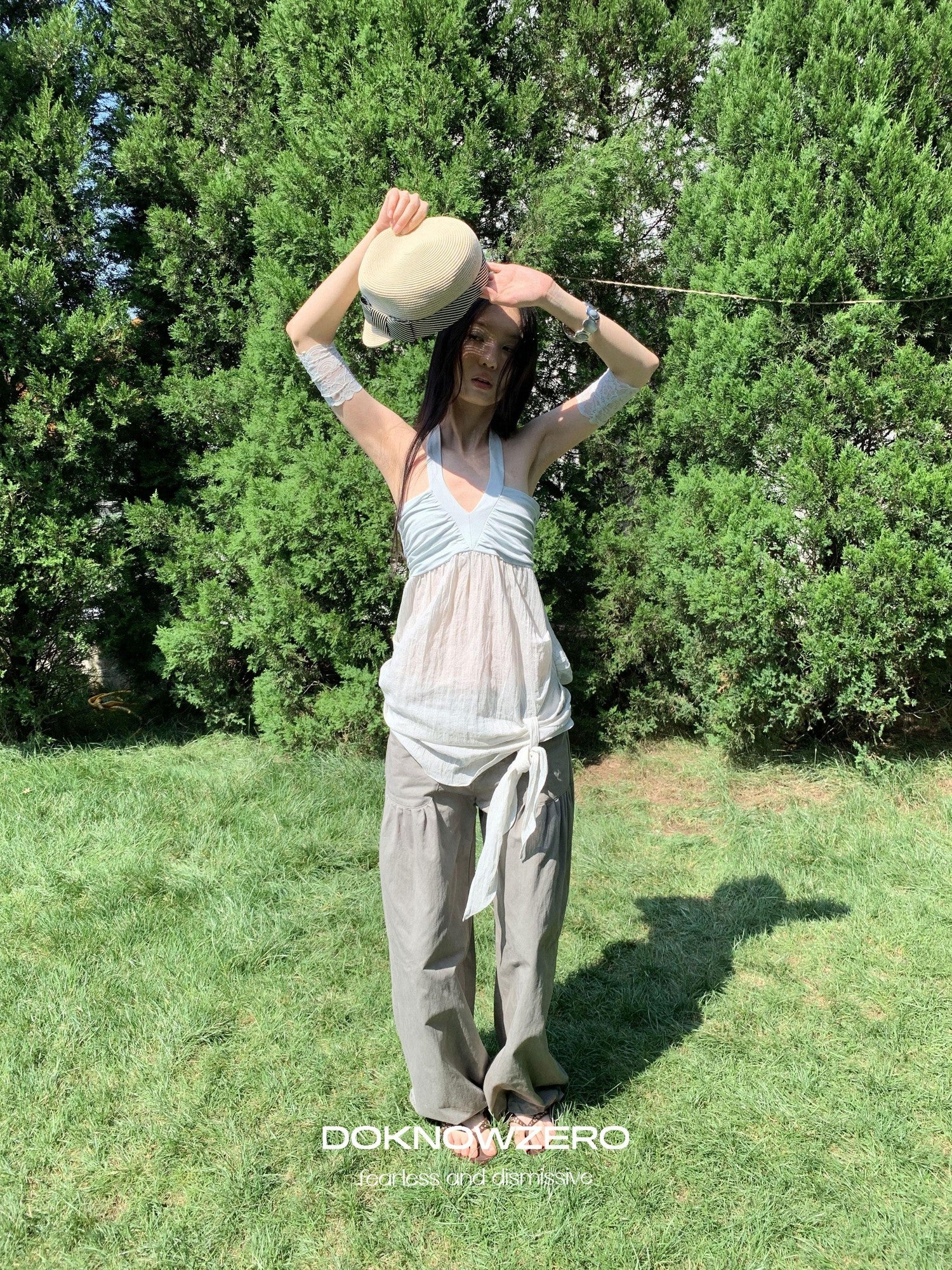 DKZ OFFICIAL Relaxed Resort Back Braided Ribbon V-neck Mesh Women&