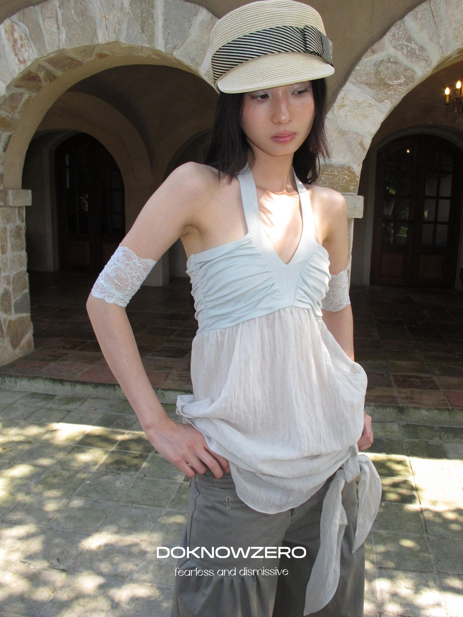 DKZ OFFICIAL Relaxed Resort Back Braided Ribbon V-neck Mesh Women&