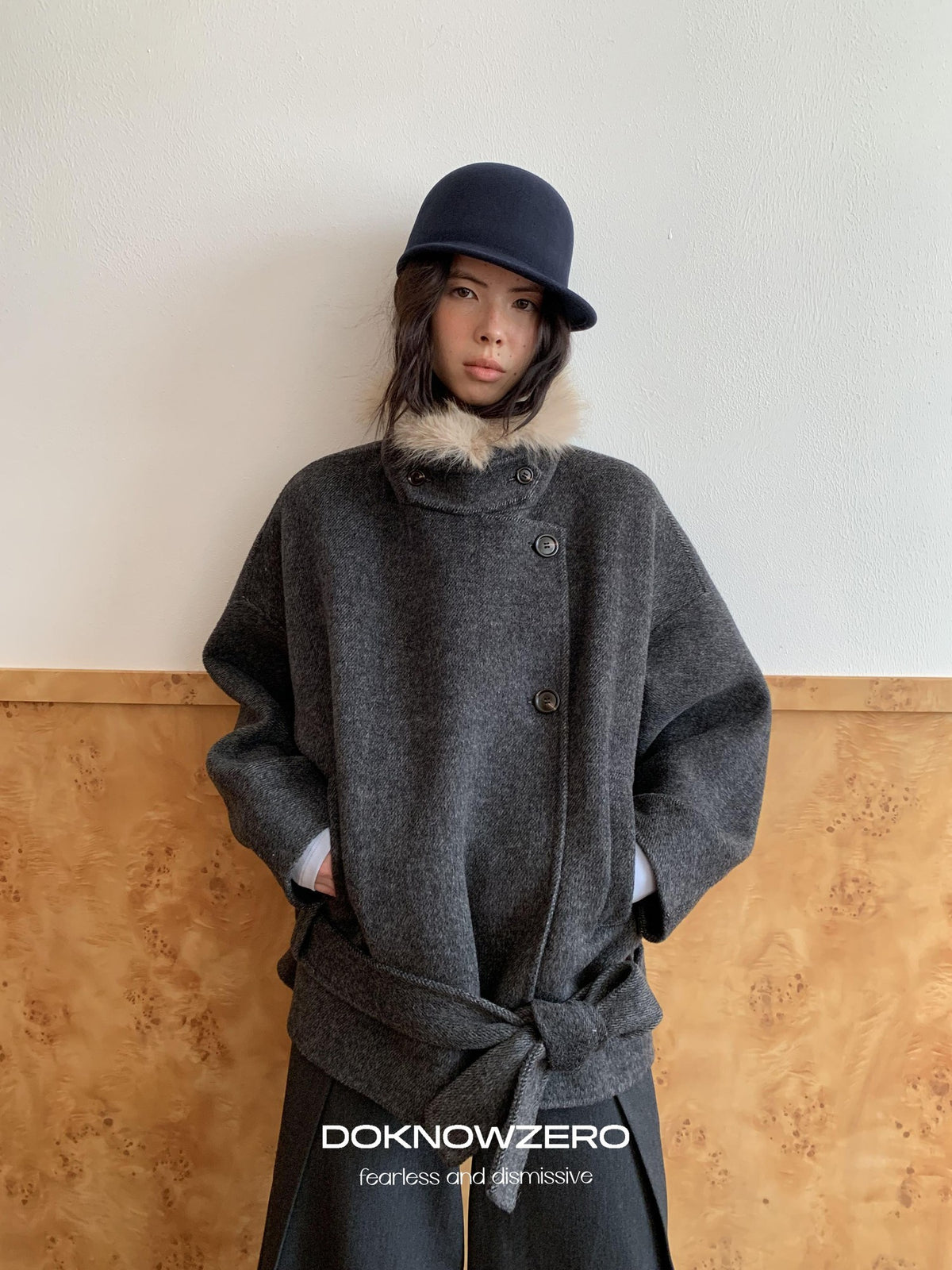 DKZ OFFICIAL Removable Fur Collar Double Faced Women&