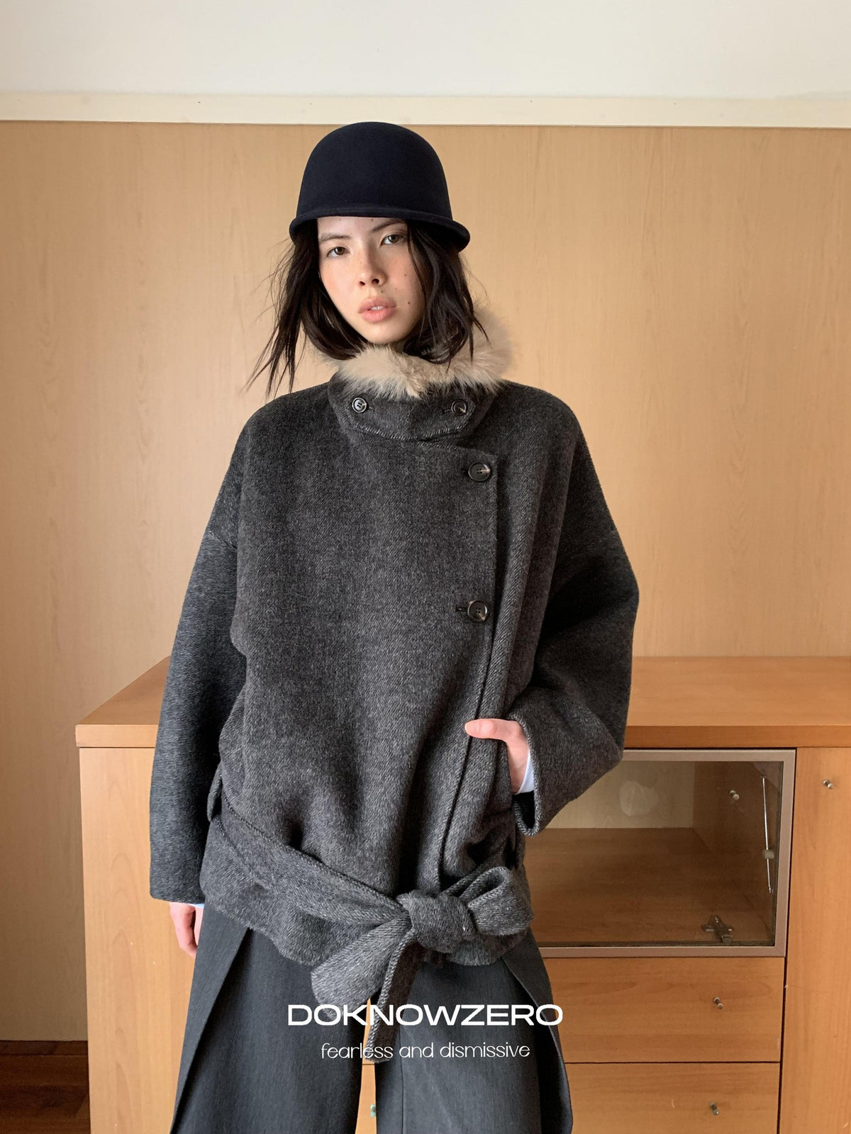 DKZ OFFICIAL Removable Fur Collar Double Faced Women&