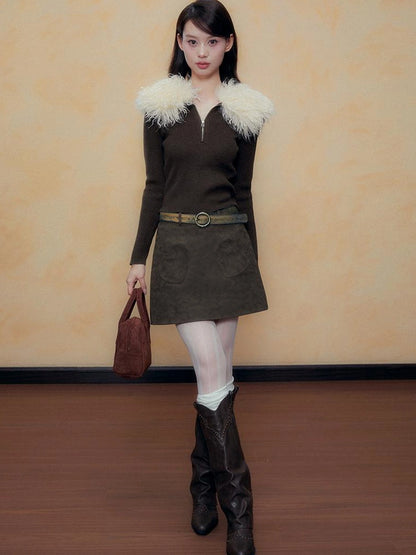 DKZ OFFICIAL Retro Brown Faux Fur Collar Knit Sweater