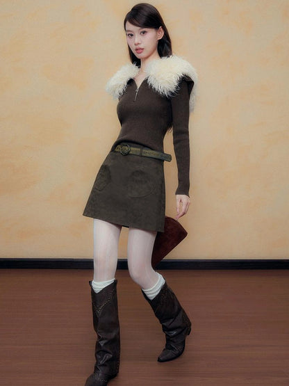 DKZ OFFICIAL Retro Brown Faux Fur Collar Knit Sweater