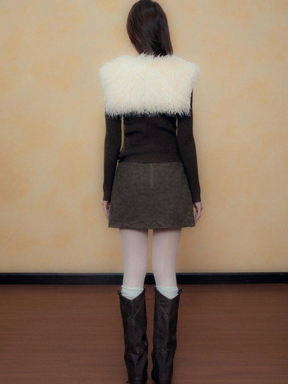 DKZ OFFICIAL Retro Brown Faux Fur Collar Knit Sweater