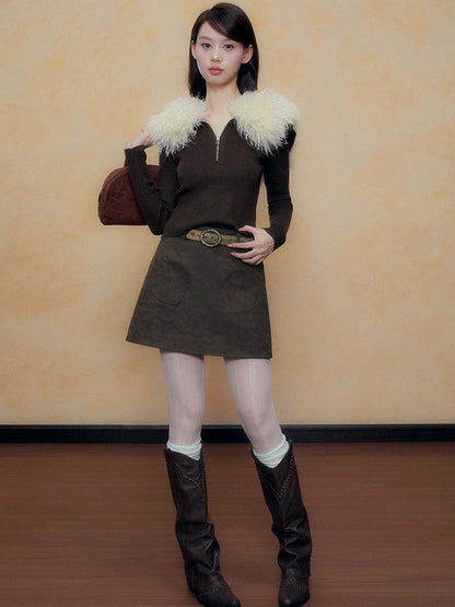 DKZ OFFICIAL Retro Brown Faux Fur Collar Knit Sweater
