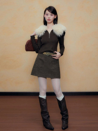 DKZ OFFICIAL Retro Brown Faux Fur Collar Knit Sweater