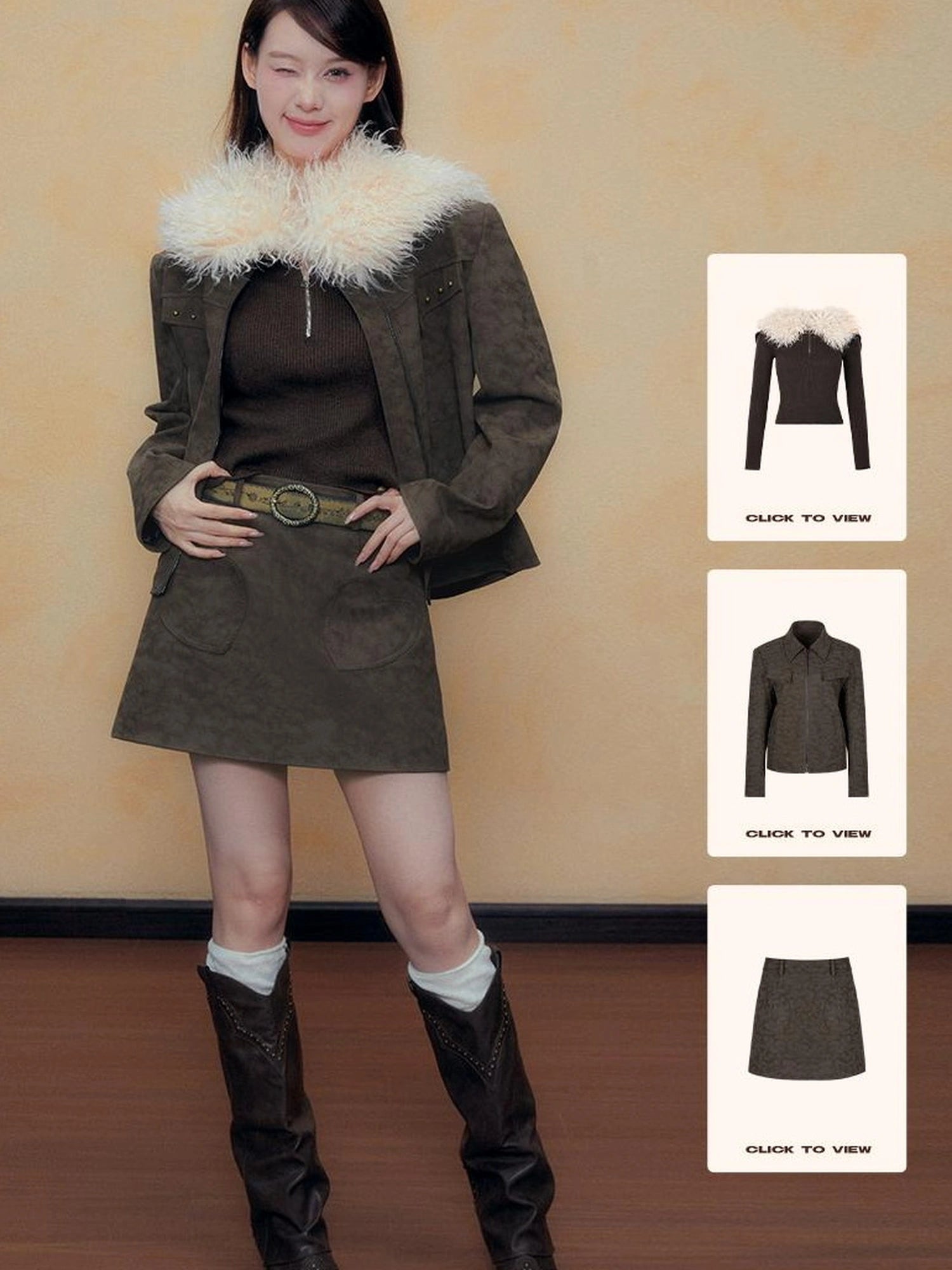 DKZ OFFICIAL Retro Brown Faux Fur Collar Knit Sweater