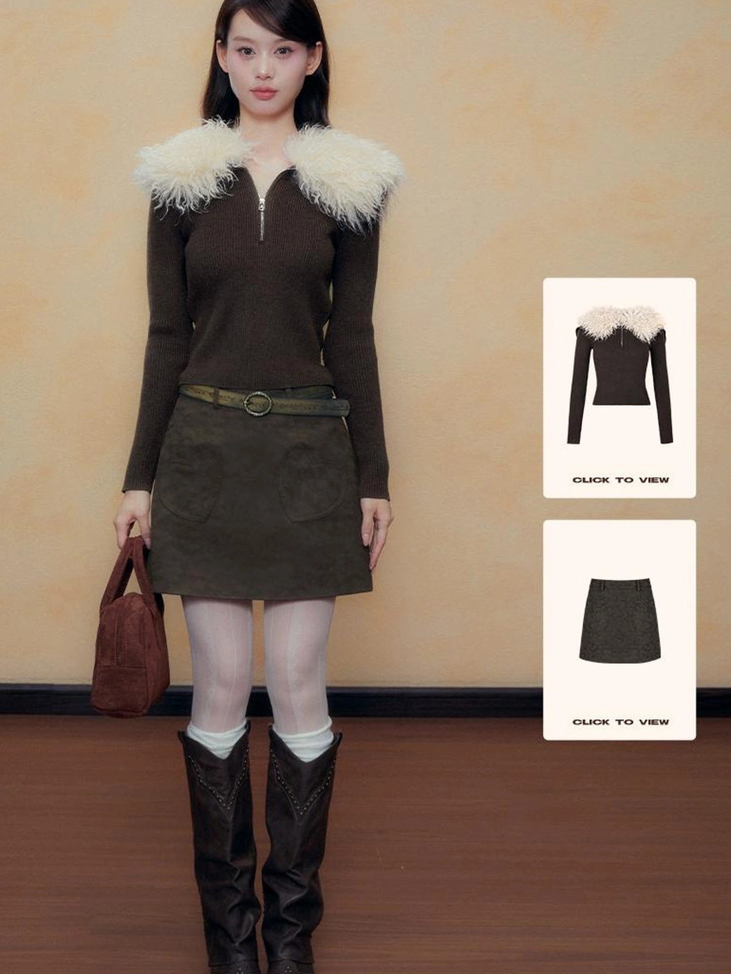 DKZ OFFICIAL Retro Brown Faux Fur Collar Knit Sweater