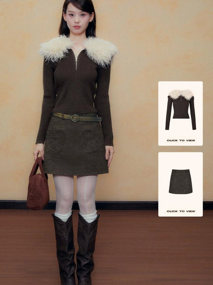 DKZ OFFICIAL Retro Brown Faux Fur Collar Knit Sweater