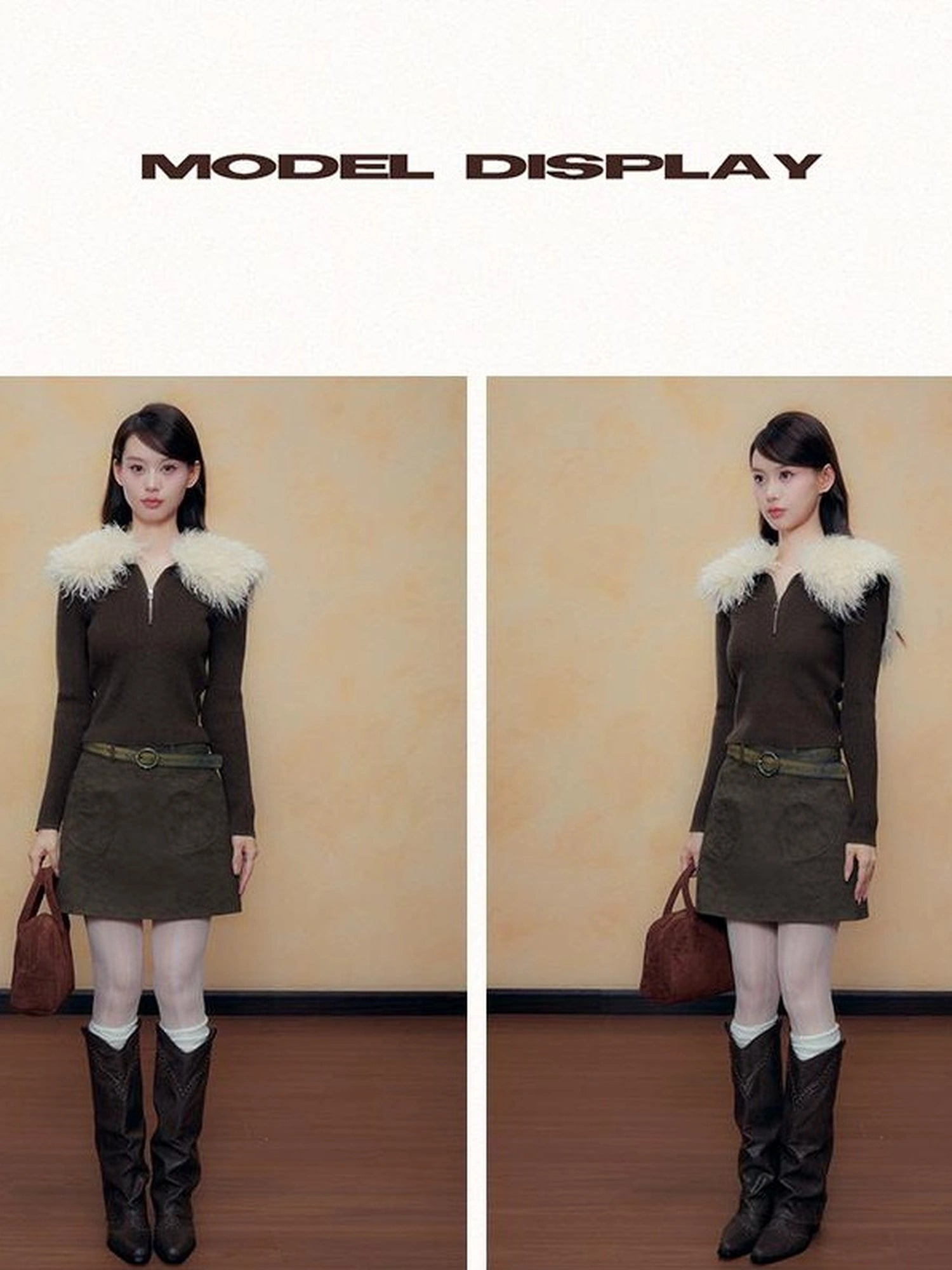 DKZ OFFICIAL Retro Brown Faux Fur Collar Knit Sweater