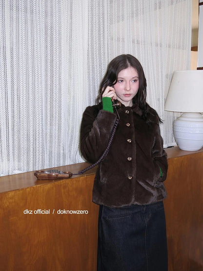 DKZ OFFICIAL Retro Brown Fuzzy Wool Blazer Women Winter Tweed Jacket
