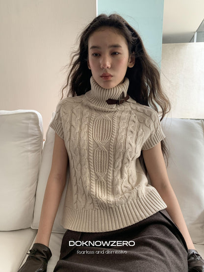 DKZ OFFICIAL Retro Cable Knit High Neck Short Sleeve Women&