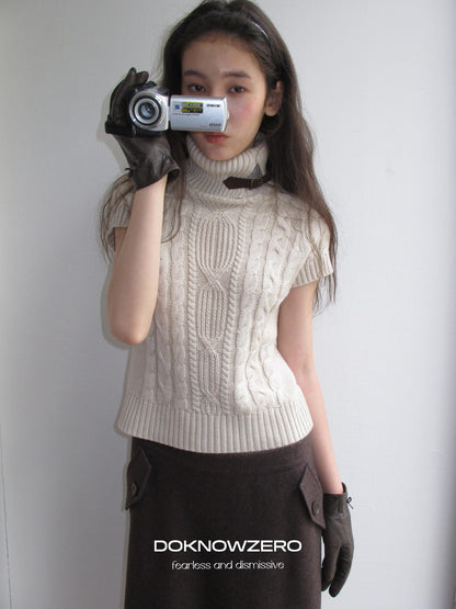 DKZ OFFICIAL Retro Cable Knit High Neck Short Sleeve Women&