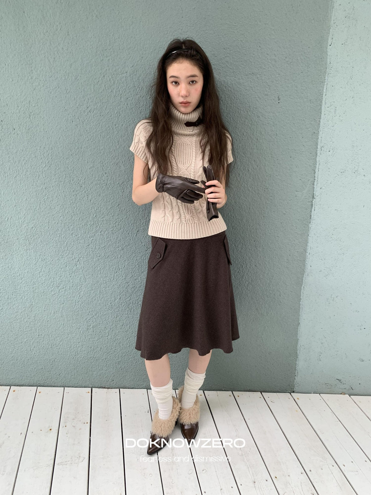 DKZ OFFICIAL Retro Cable Knit High Neck Short Sleeve Women&