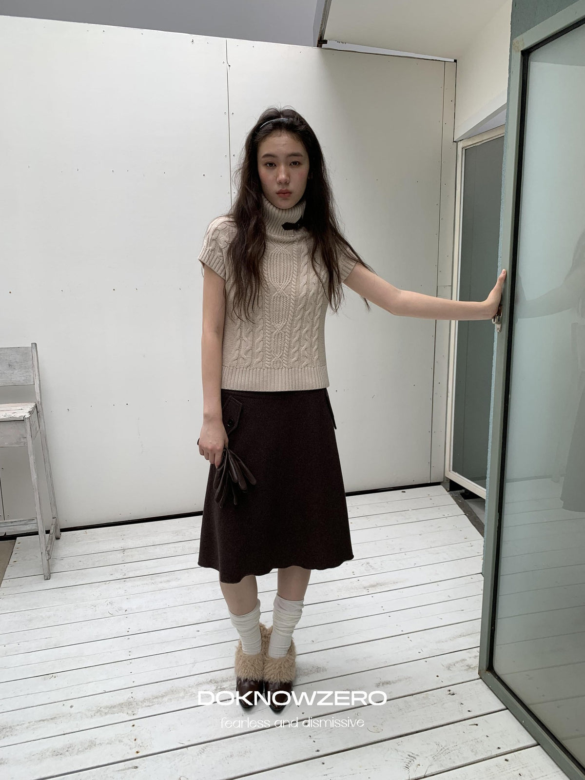 DKZ OFFICIAL Retro Cable Knit High Neck Short Sleeve Women&